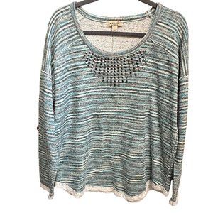 One World women’s size XL green stripe terry brad embellished long sleeve top